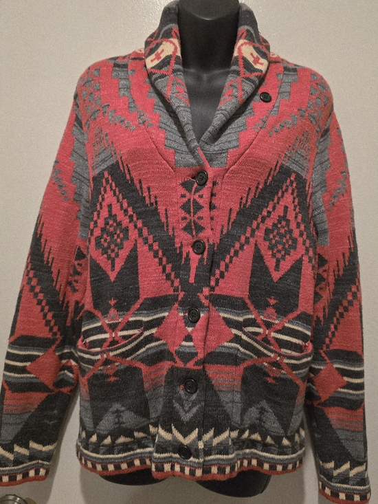 Lauren Ralph Lauren Sweaters - Lauren Ralph Lauren Red and Gray Aztec Shawl-Collar Button Cardigan